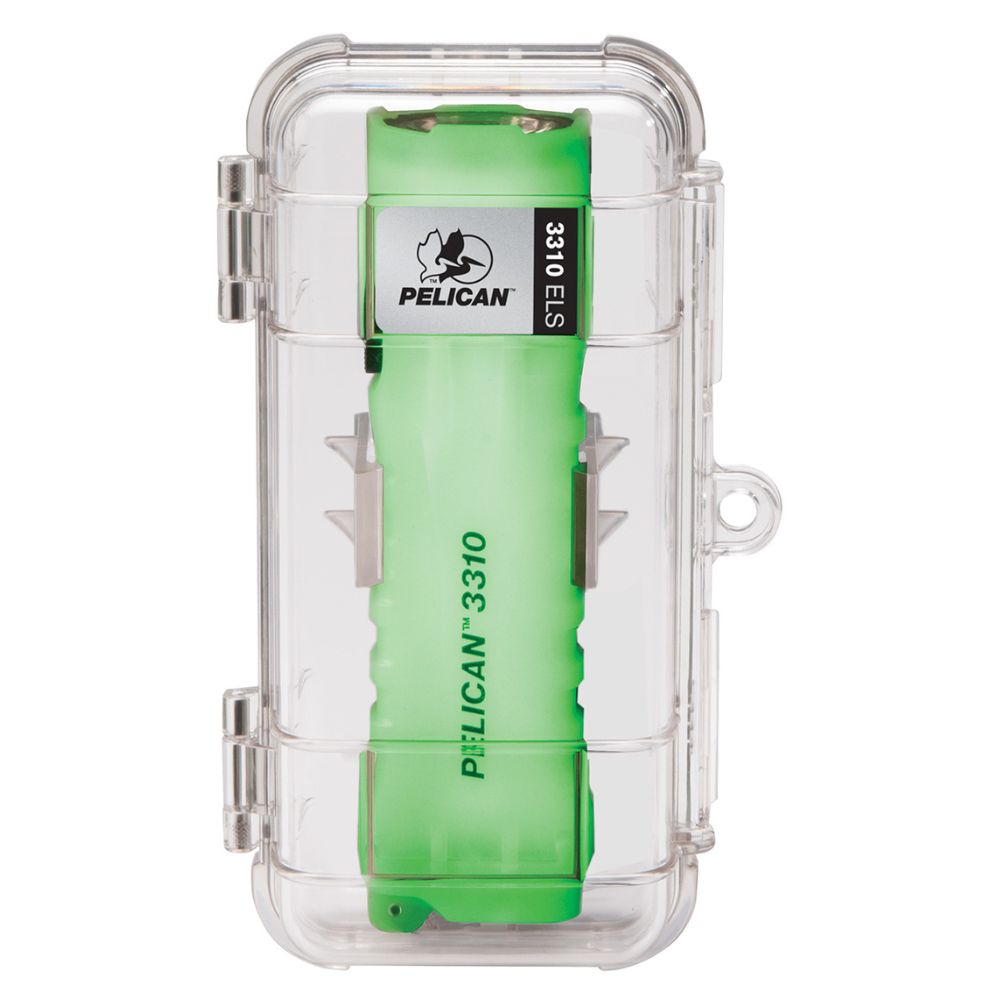 Bright green Pelican 3310 flashlight enclosed in a clear protective case.