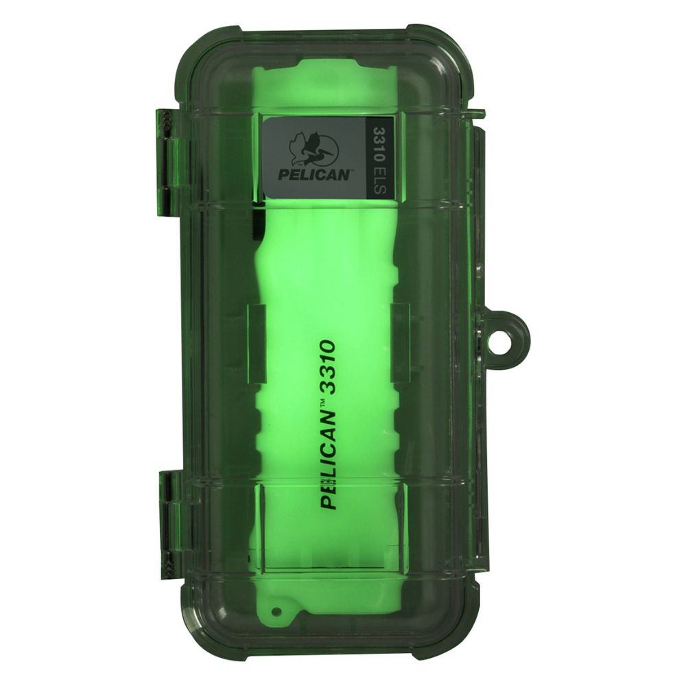 Pelican 3310 battery inside a translucent green waterproof case with latches.