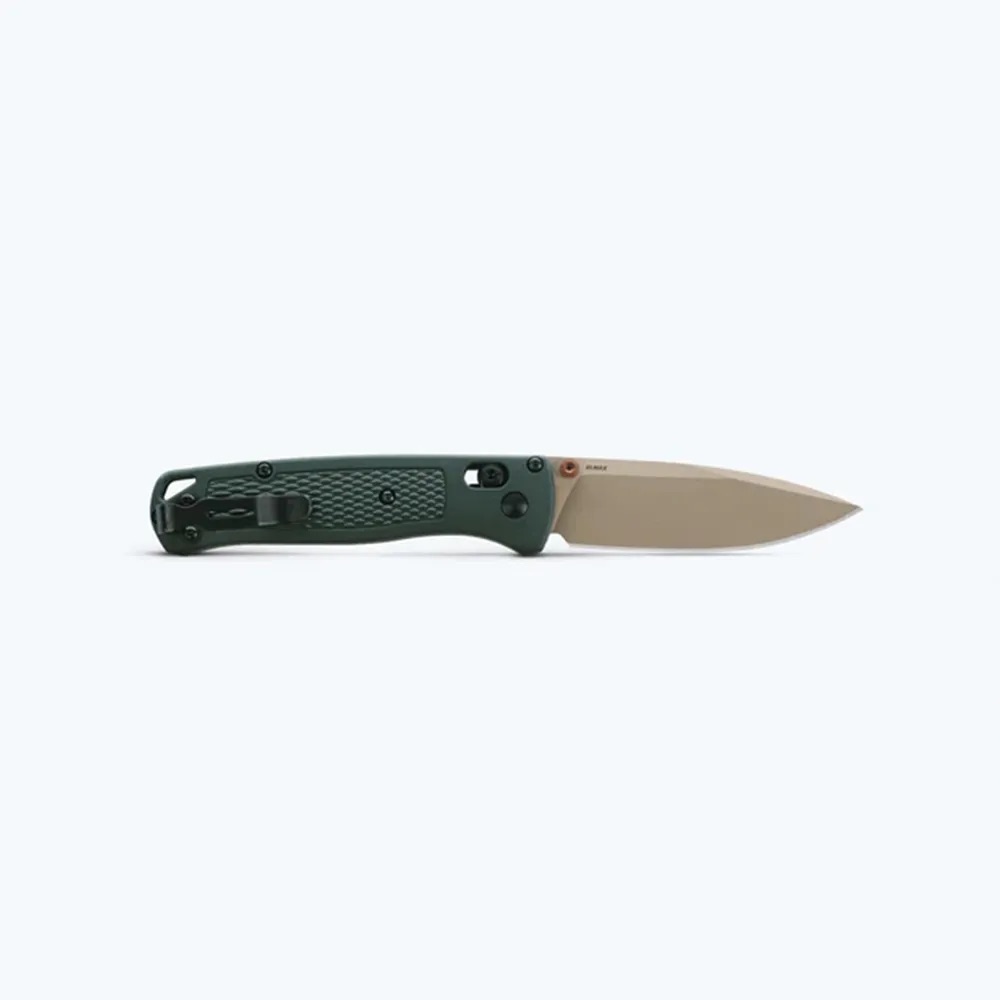 Folding knife with green textured handle and tan blade, blade partially deployed.
