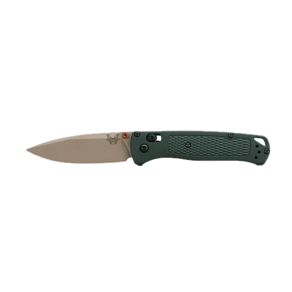 Folding knife with a tan blade and green textured handle, blade extended partially.