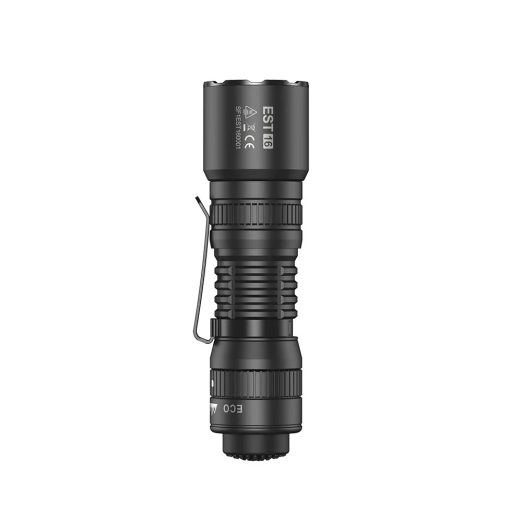 Black tactical flashlight with knurled grip and metal pocket clip, oriented vertically