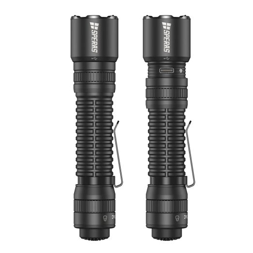 Two black tactical flashlights with textured grips and metal pocket clips, shown side by side (brand visible).