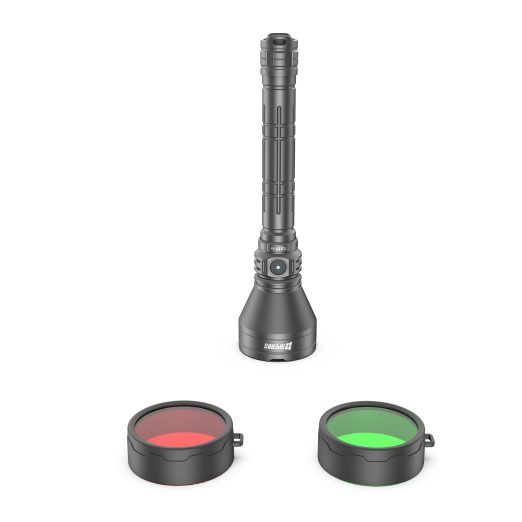Tall black tactical flashlight with a knurled grip, shown above two circular red and green filter lenses.
