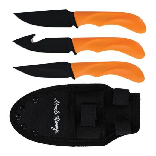 Three orange-handle knives with black blades and a black nylon sheath, shown in a row for a camping knife set.