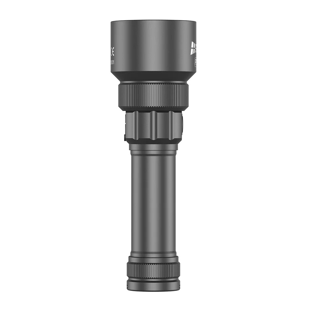 Dark gray rifle scope viewed from the side, with textured adjustment rings and a large front lens