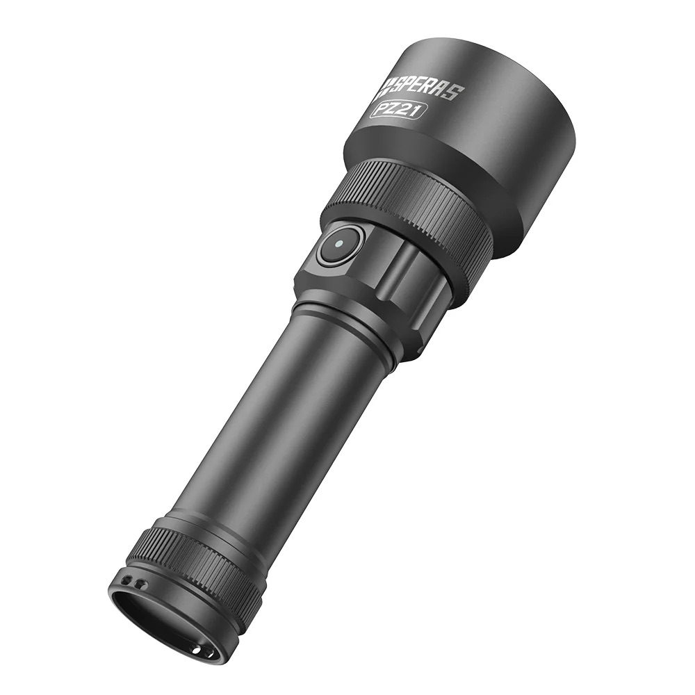 Black tactical flashlight with knurled grip and side power button