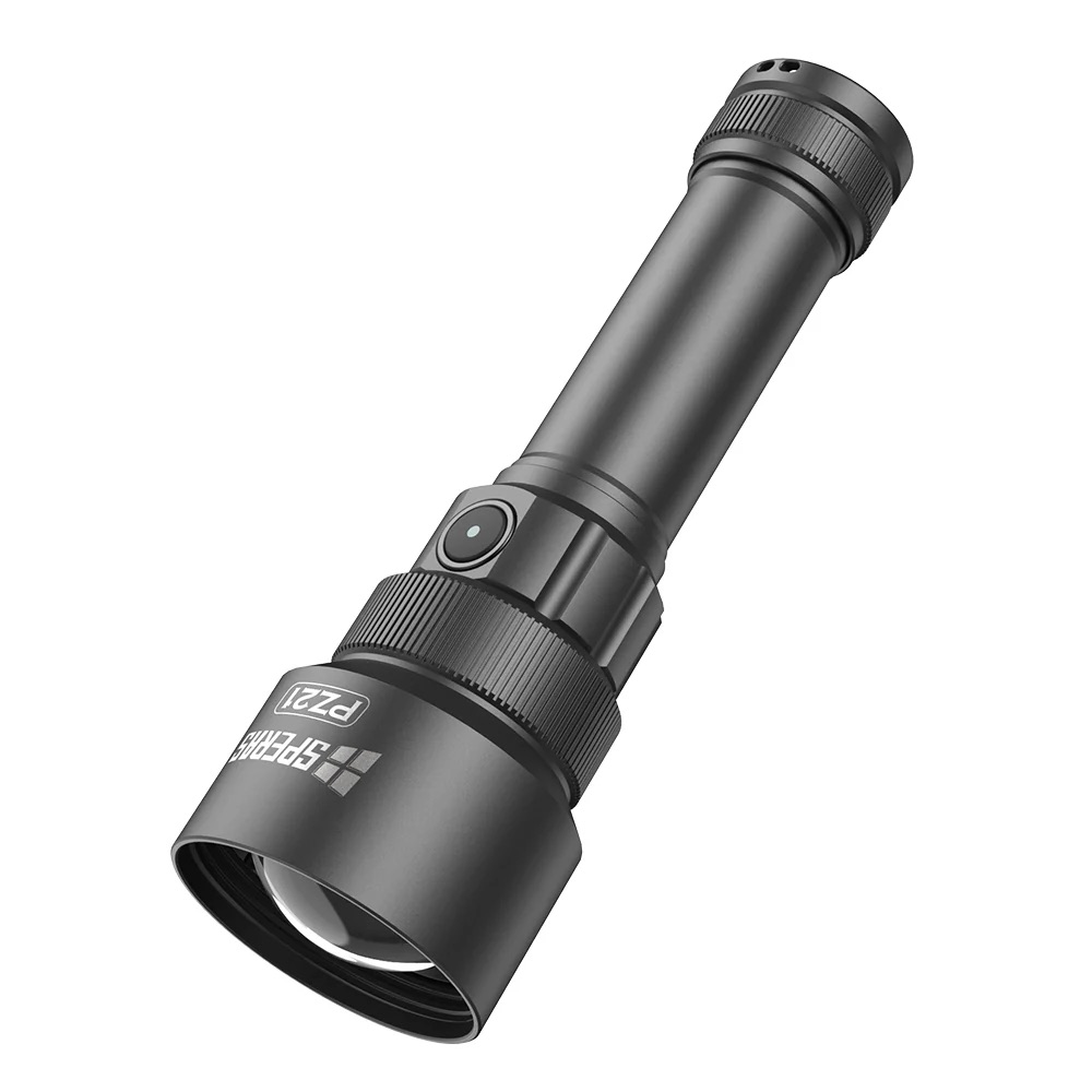 Black handheld flashlight with knurled grip, side switch, and a wide front lens, angled diagonally downward to the left.