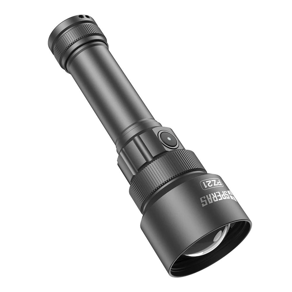 Black handheld flashlight with side power button and adjustable focus ring.