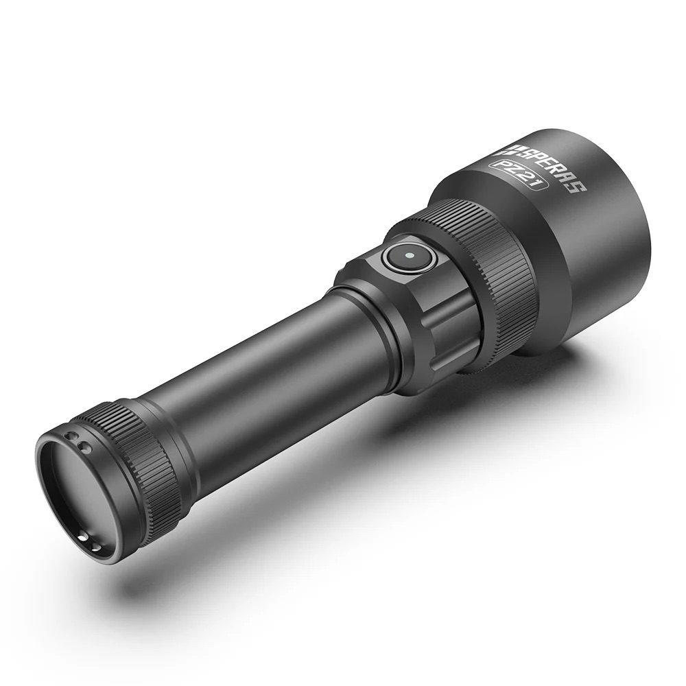 Compact black tactical flashlight with textured grip and side switch, displayed diagonally.