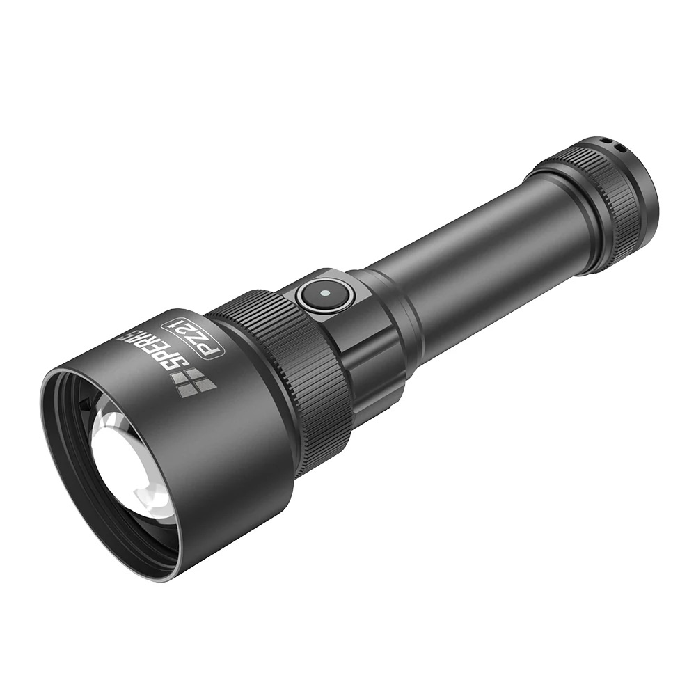 Black tactical flashlight with knurled grip, side switch, and threaded lens bezel.