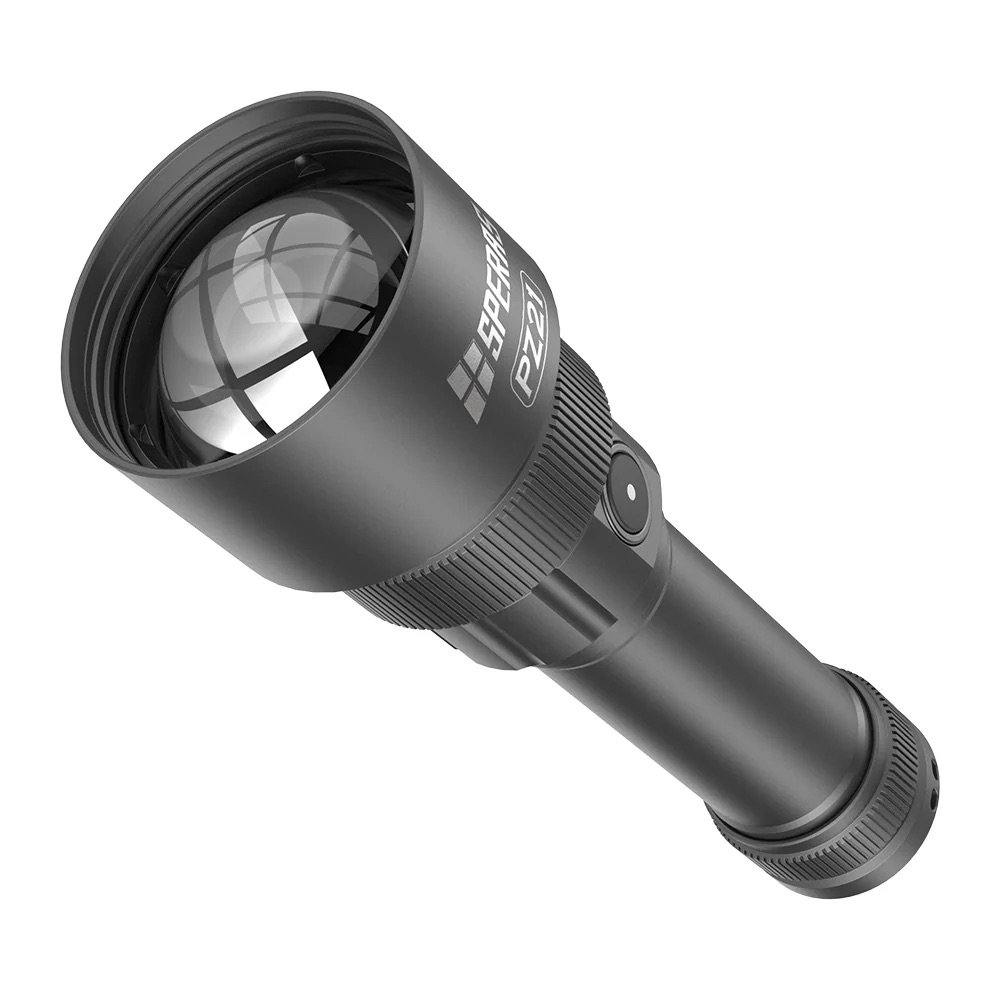 Black handheld flashlight with a large front lens and textured grip, shown in an angled view.