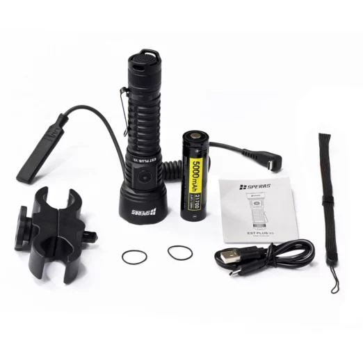 Utility flashlight and accessories kit: black tactical torch with 5000mAh battery, charger, handle mount, straps, and manual laid out on white background