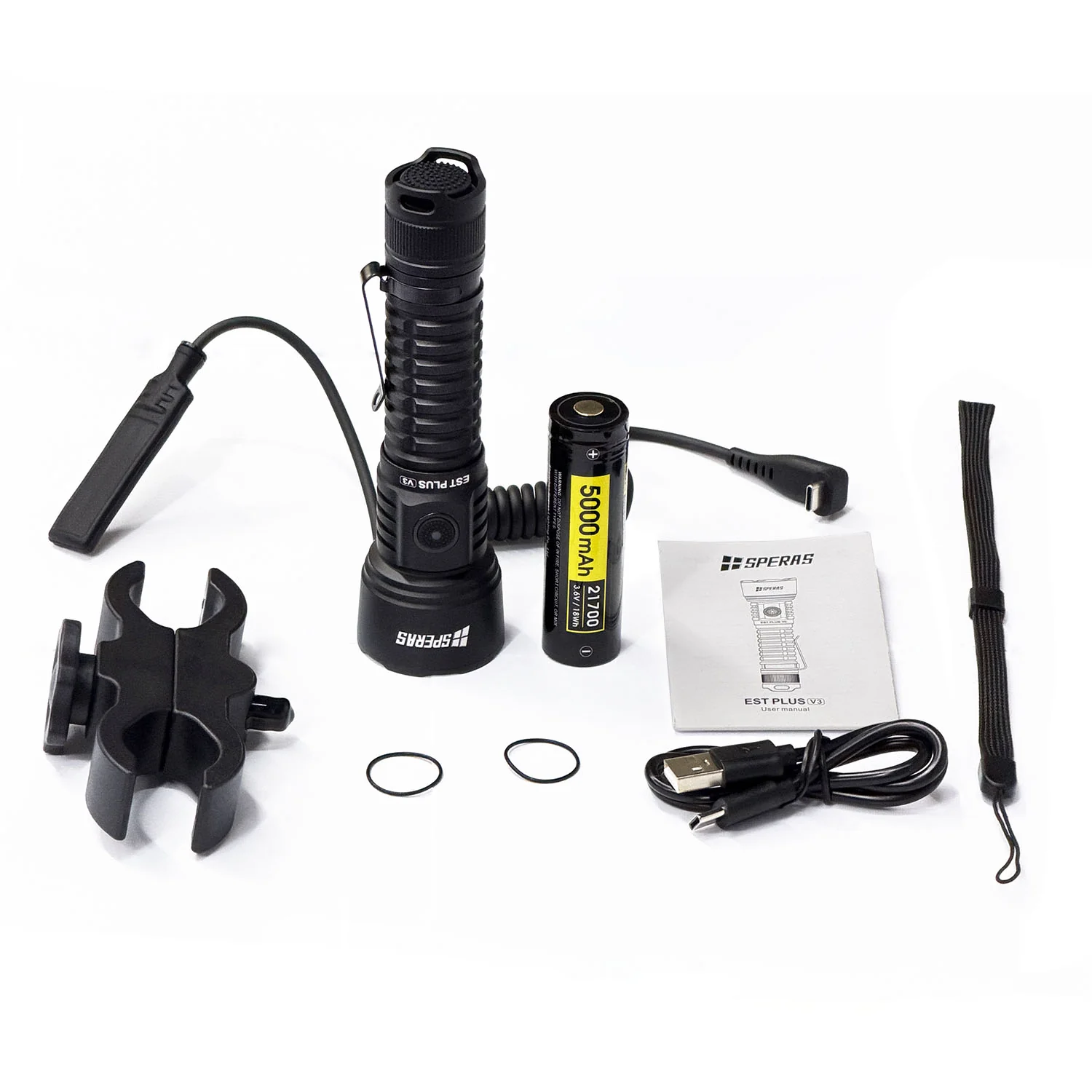 Utility flashlight and accessories kit: black tactical torch with 5000mAh battery, charger, handle mount, straps, and manual laid out on white background