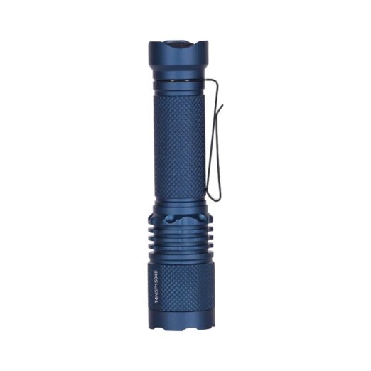 Blue aluminum flashlight with knurled grip and side pocket clip on a white background.
