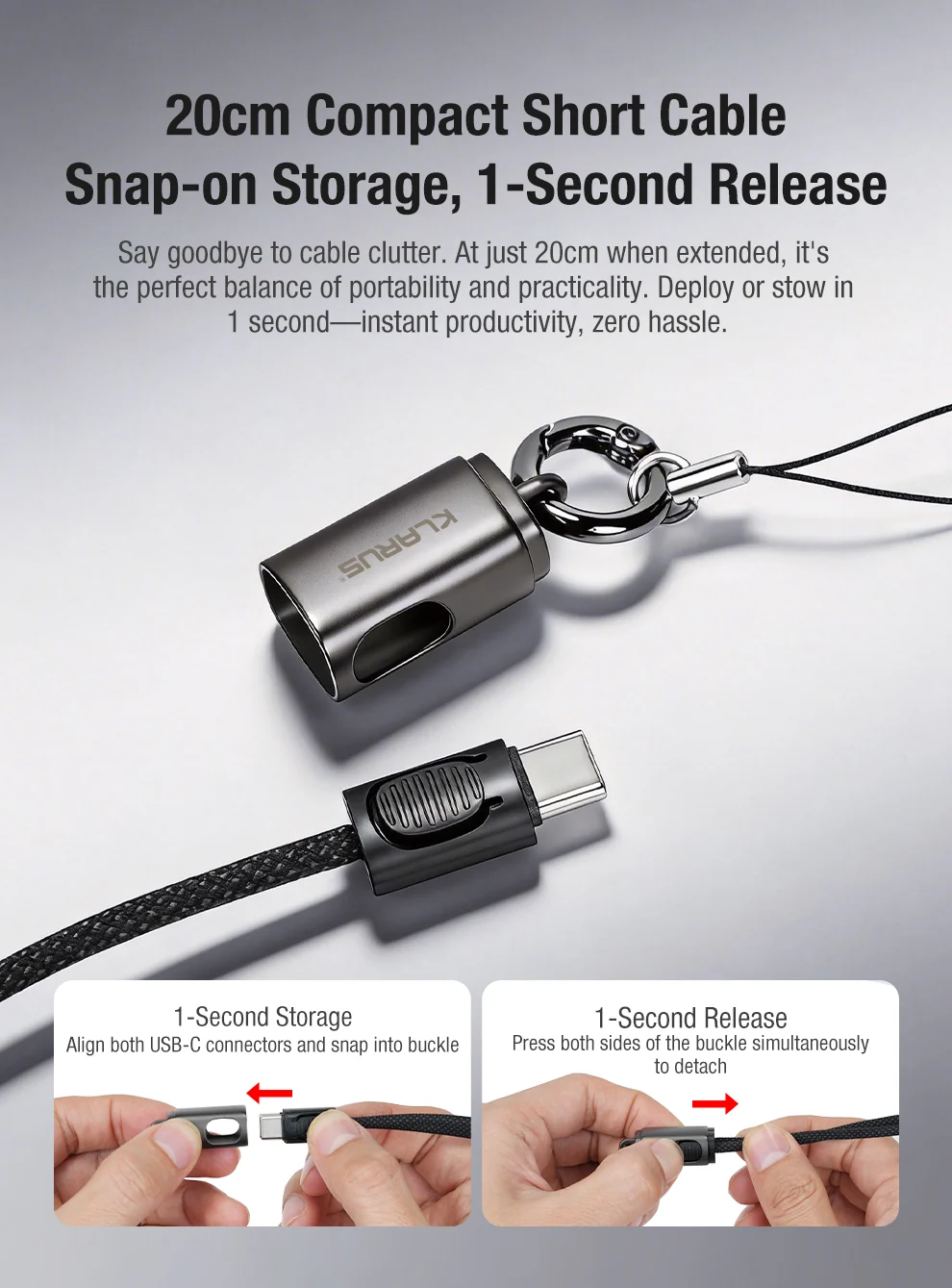 Compact 20cm USB‑C cable with snap‑on storage and 1‑second release, shown with step-by-step storage and detachment.