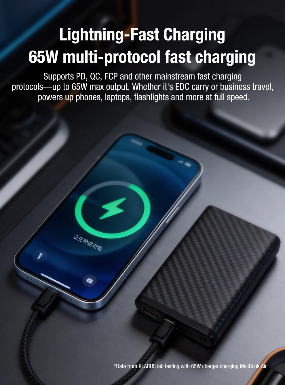 Smartphone charging from a portable power bank, showing a bright green charging icon on screen with bold text about 65W multi‑protocol fast charging in the overlay (informative promotional image).