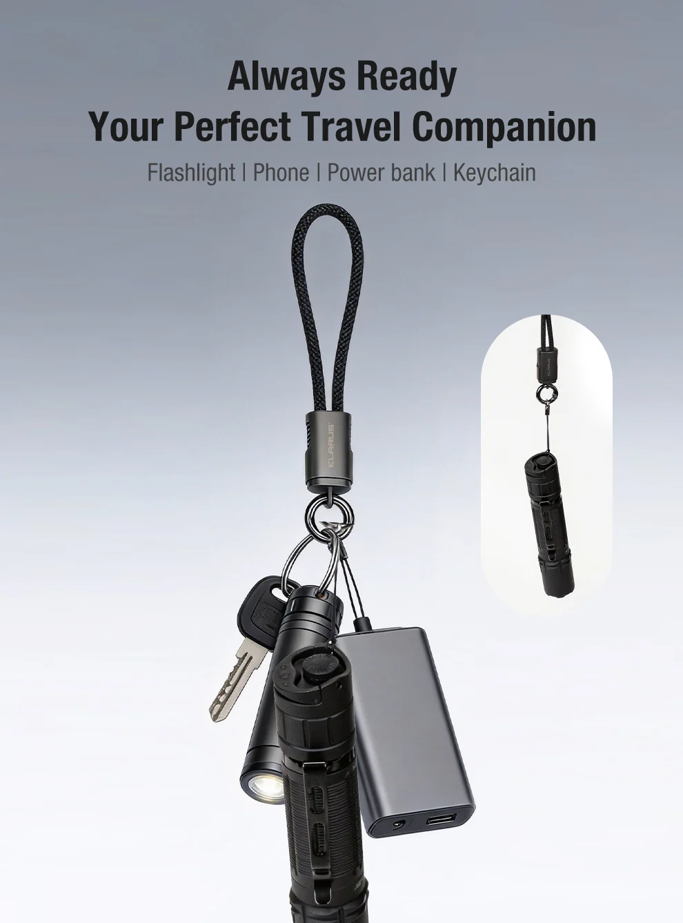 Multipurpose travel keychain with flashlight, power bank and keys hanging from a lanyard.
