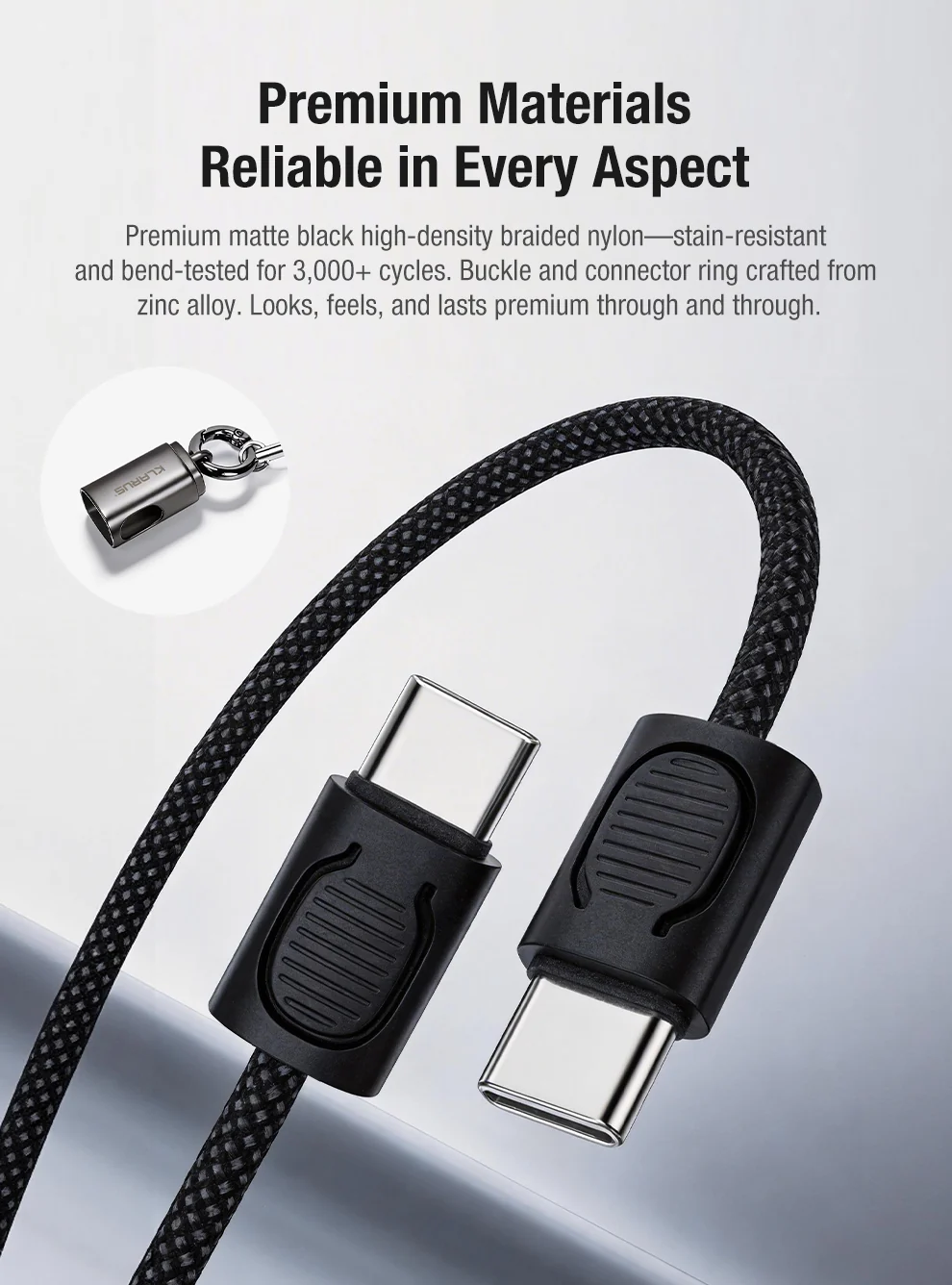 Braided USB-C to USB-C charging cable with metal connectors and textured grip, shown against a light background.