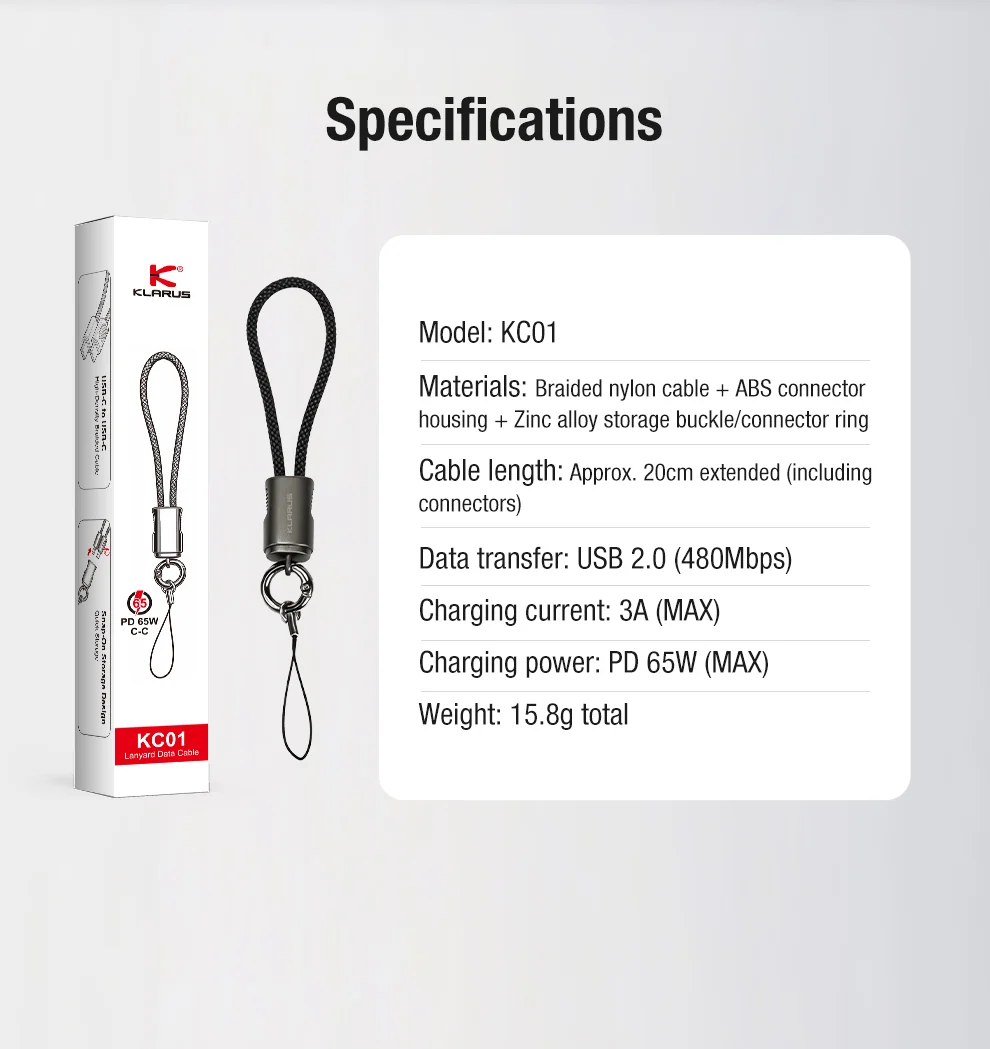 KC01 specification: braided nylon cable, ~20 cm length, USB 2.0 (480 Mbps), 3A charging, PD 65W, total weight 15.8 g.
