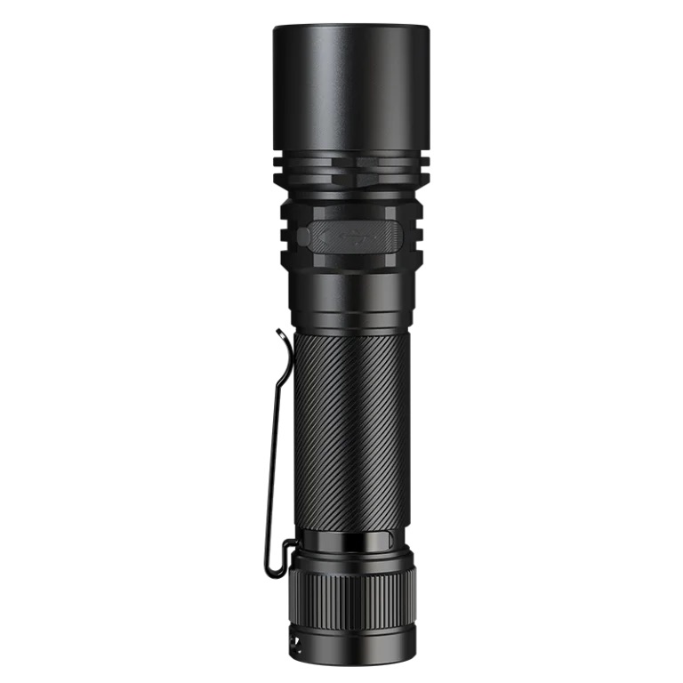 Black tactical flashlight with knurled grip, clip, and crenulated head.