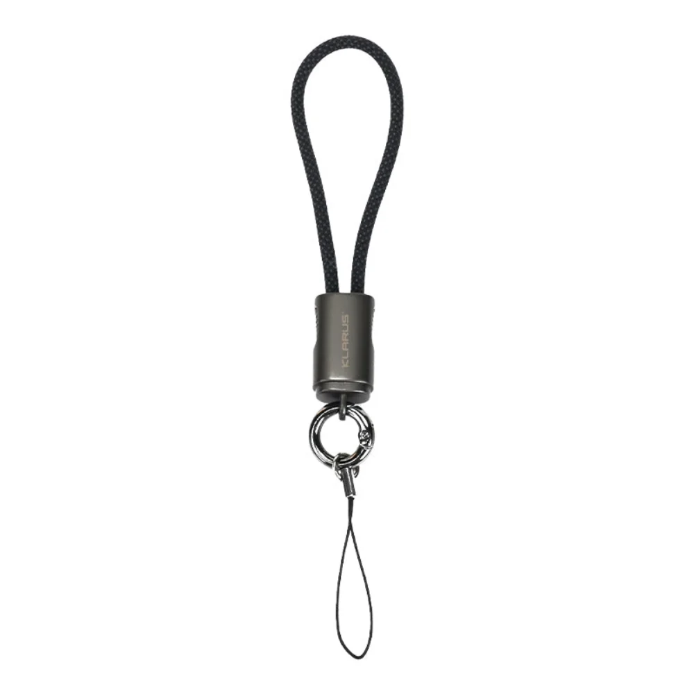 Black braided lanyard with a metal key ring and small wrist strap.