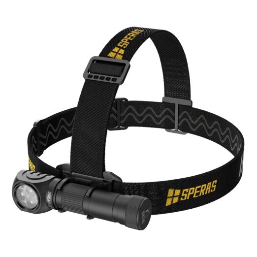 Headlamp with adjustable black strap and front LED light, brand name Speras in yellow, worn on head for hands-free illumination (outdoor use).