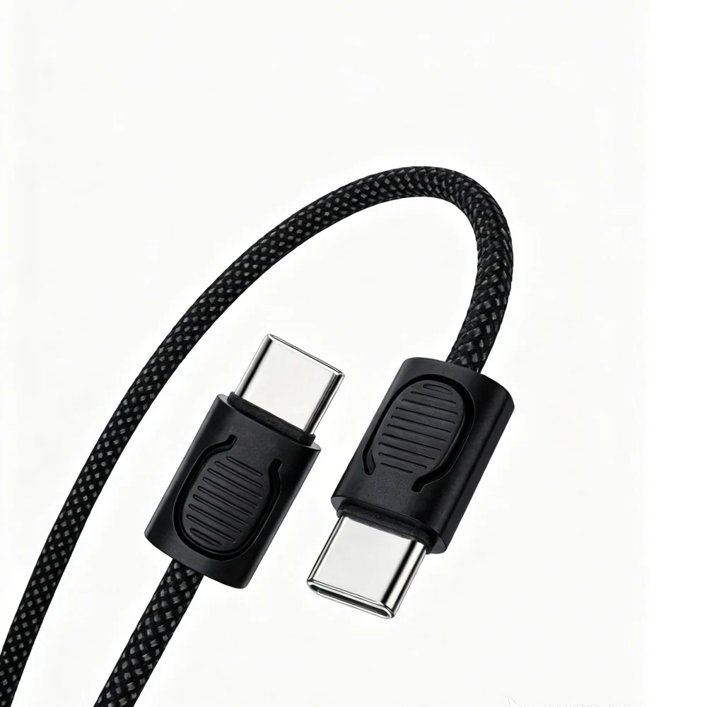 Braided black USB-C to USB-C charging cable with magnetic adapters on both ends and textured grips on the connectors.