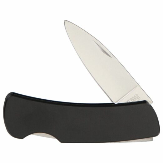 Folding pocket knife with a black handle and a partially open silver blade
