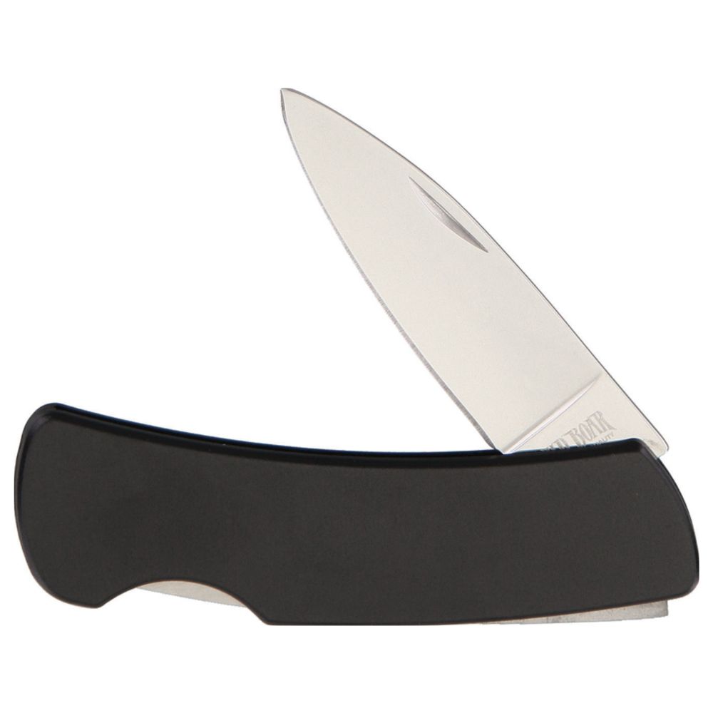 Folding pocket knife with a black handle and a partially open silver blade