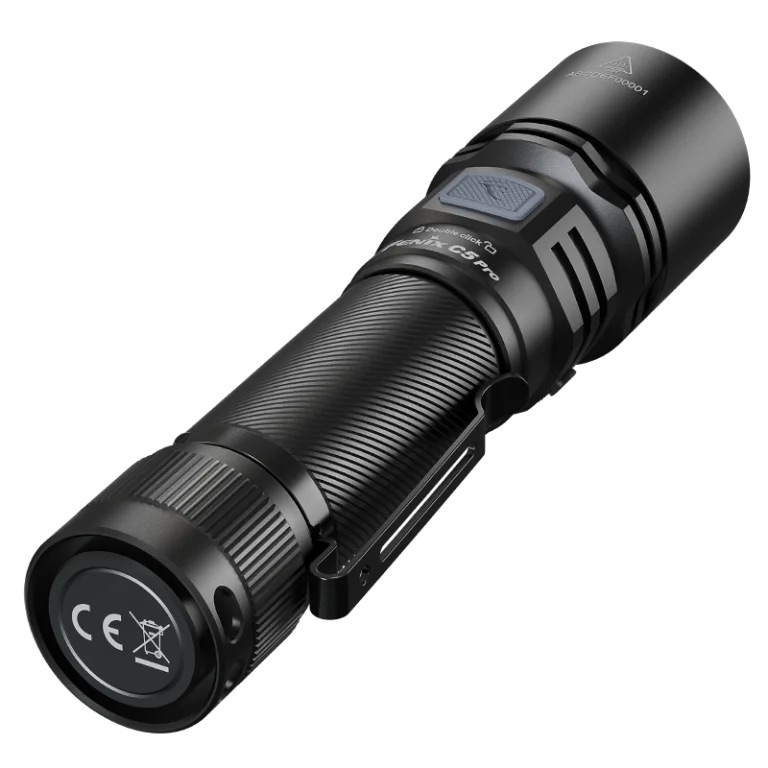 Black tactical flashlight with knurled grip, side switch, and metal belt clip viewed at an angle.