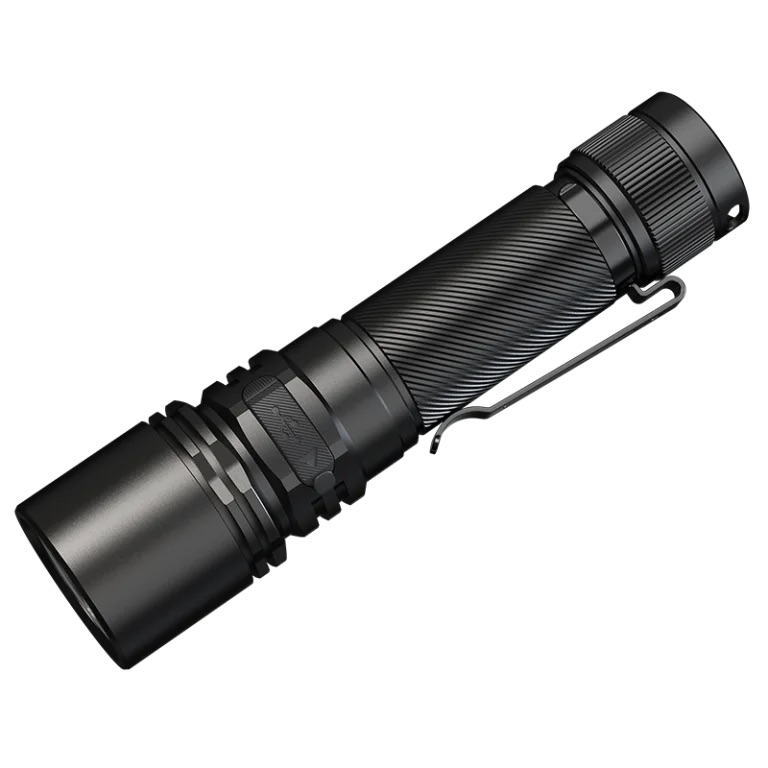 Black tactical flashlight with a textured grip and metal pocket clip viewed at an angle