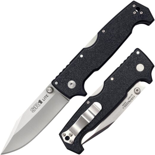 Two black textured folding knives, one with blade extended and visible, the other closed nearby.