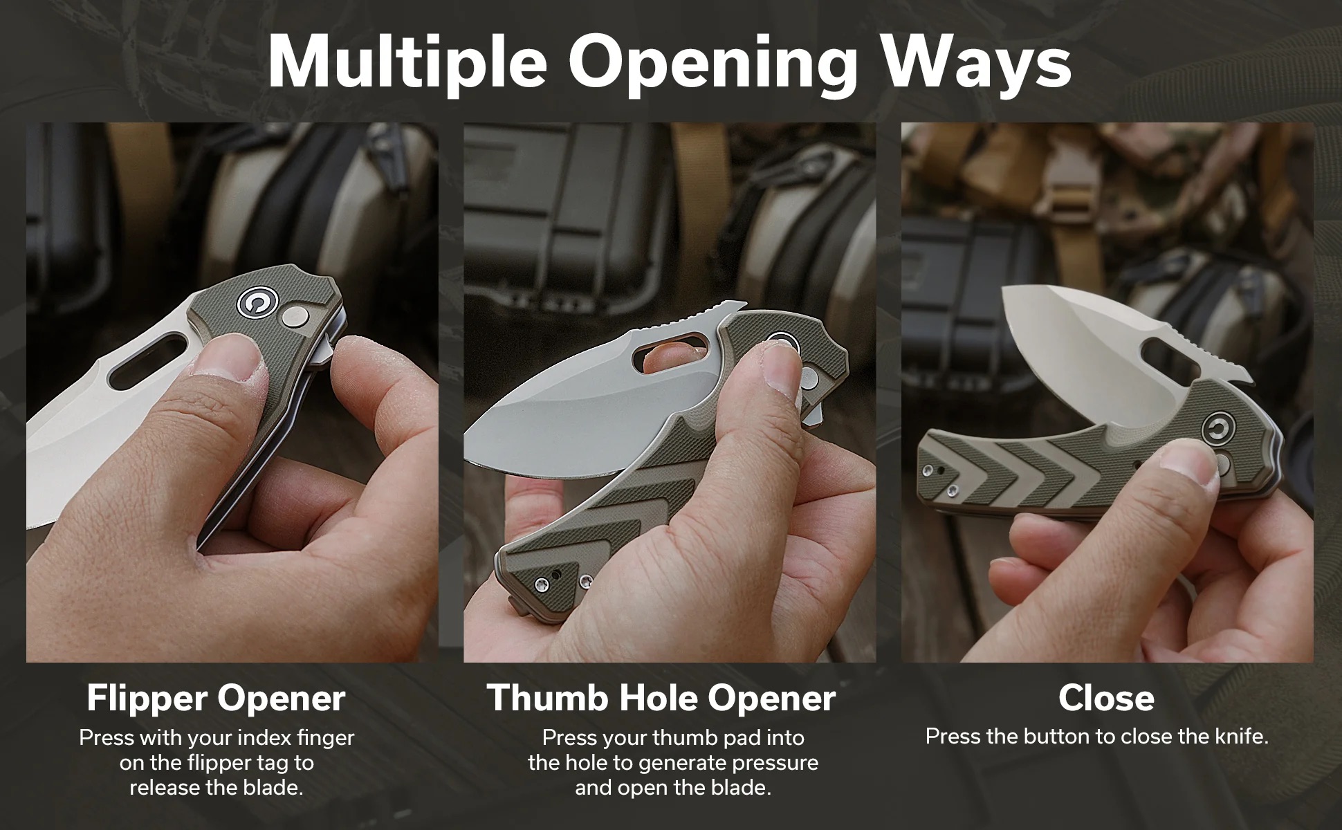 Infographic showing a folding knife with three opening methods: flipper, thumb hole opener, and a closing mechanism.