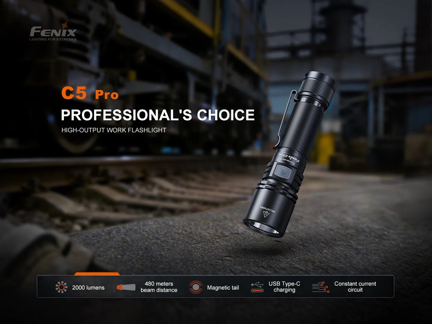 C5 Pro flashlight in an industrial setting, banner reads PROfessional's CHOICE (brand Fenix).