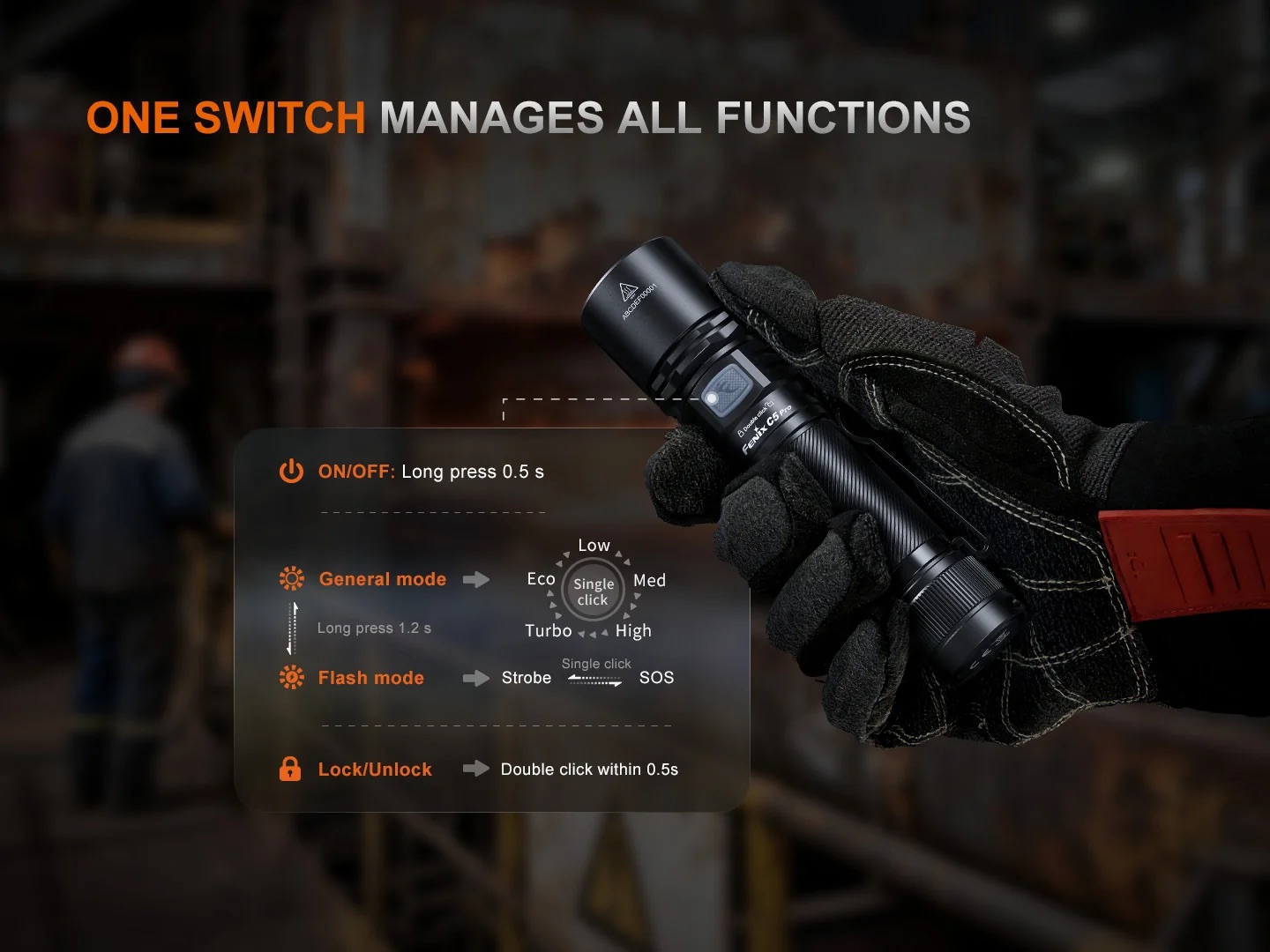 Gloved hand holding a tactical flashlight with an on-screen diagram of modes: on/off, general and flash modes, lock/unlock.