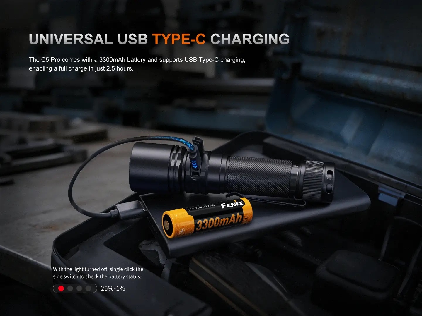 USB Type-C charging setup for a flashlight showing a 3300mAh battery in the dock (product promo image).