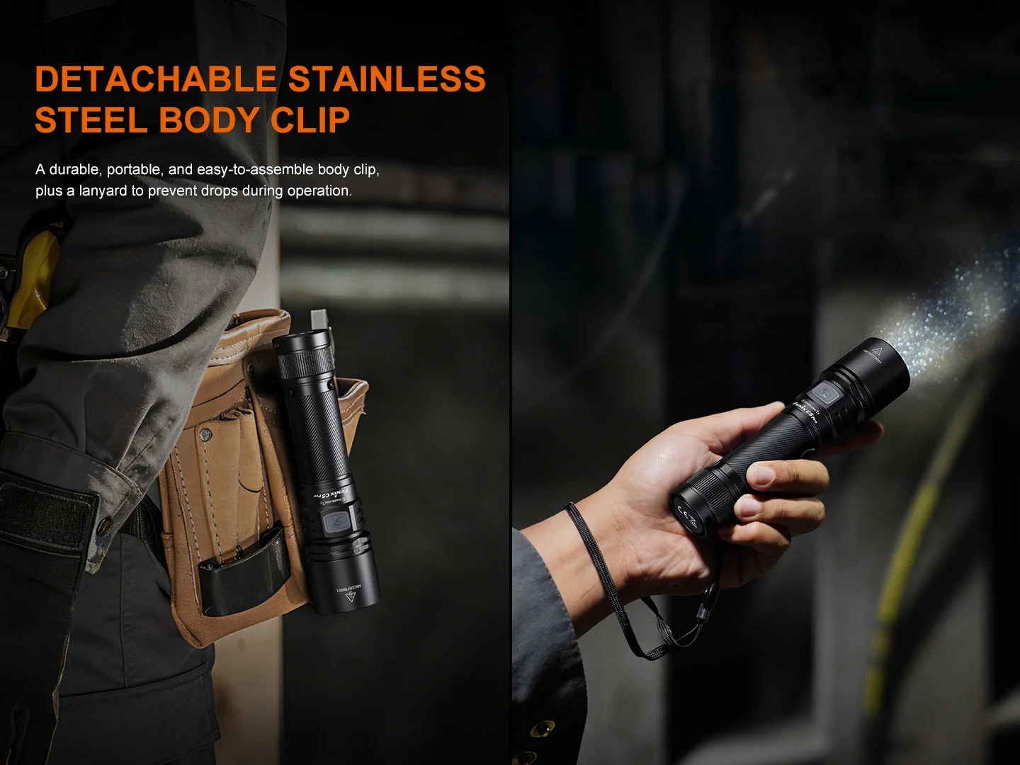 Split-screen product ad for a detachable stainless steel body clip flashlight; left shows the clip on a belt holster, right shows a hand holding the flashlight with beam emitted