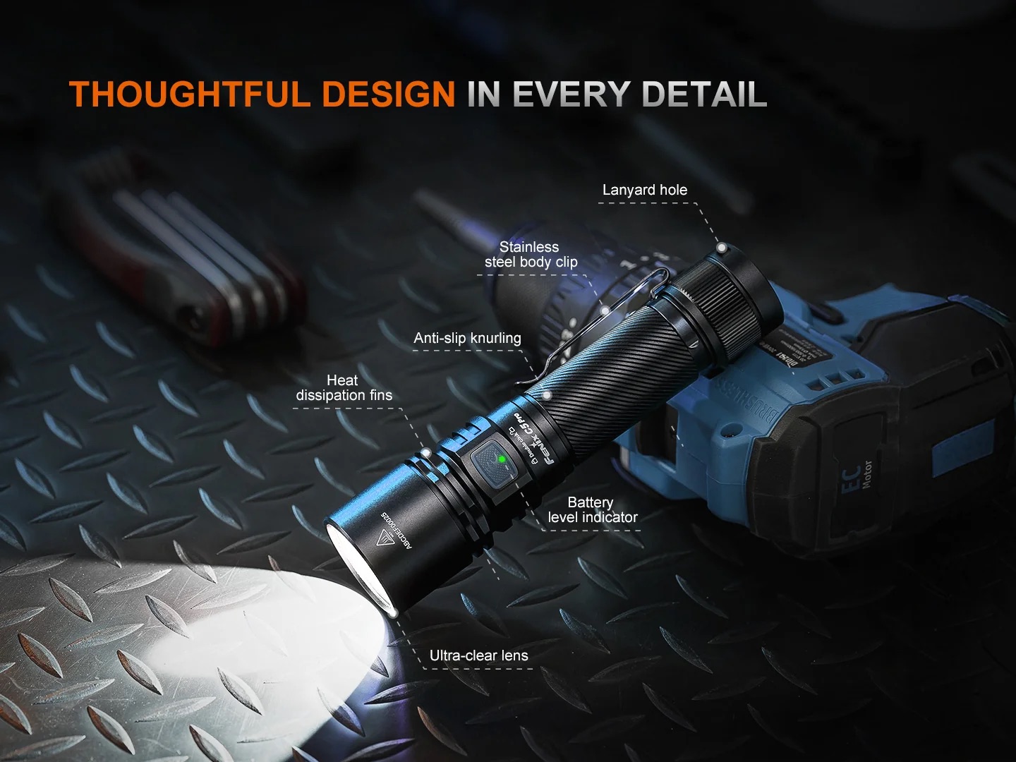 Flashlight with callouts highlighting design features: heat fins, knurling, stainless clip, lanyard hole, battery indicator, ultra-clear lens.