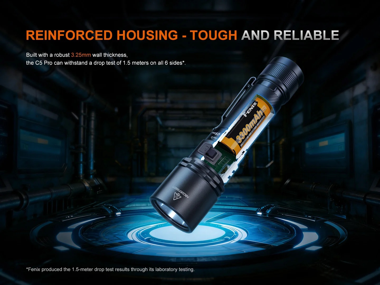 Cutaway view of a Fenix high‑power flashlight with reinforced housing, set in a dark, industrial lab backdrop.