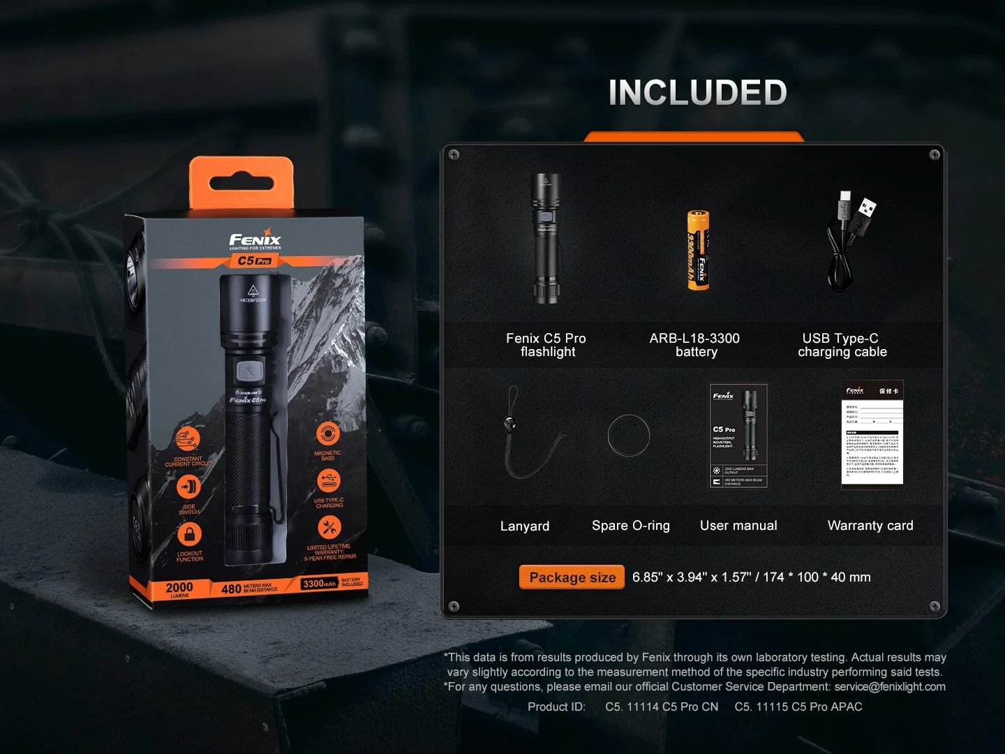 Front of boxed Fenix C5 Pro flashlight with orange handle, beside a dark informational panel listing included accessories like battery, USB-C cable, lanyard, spare O-ring, user manual, and warranty card.