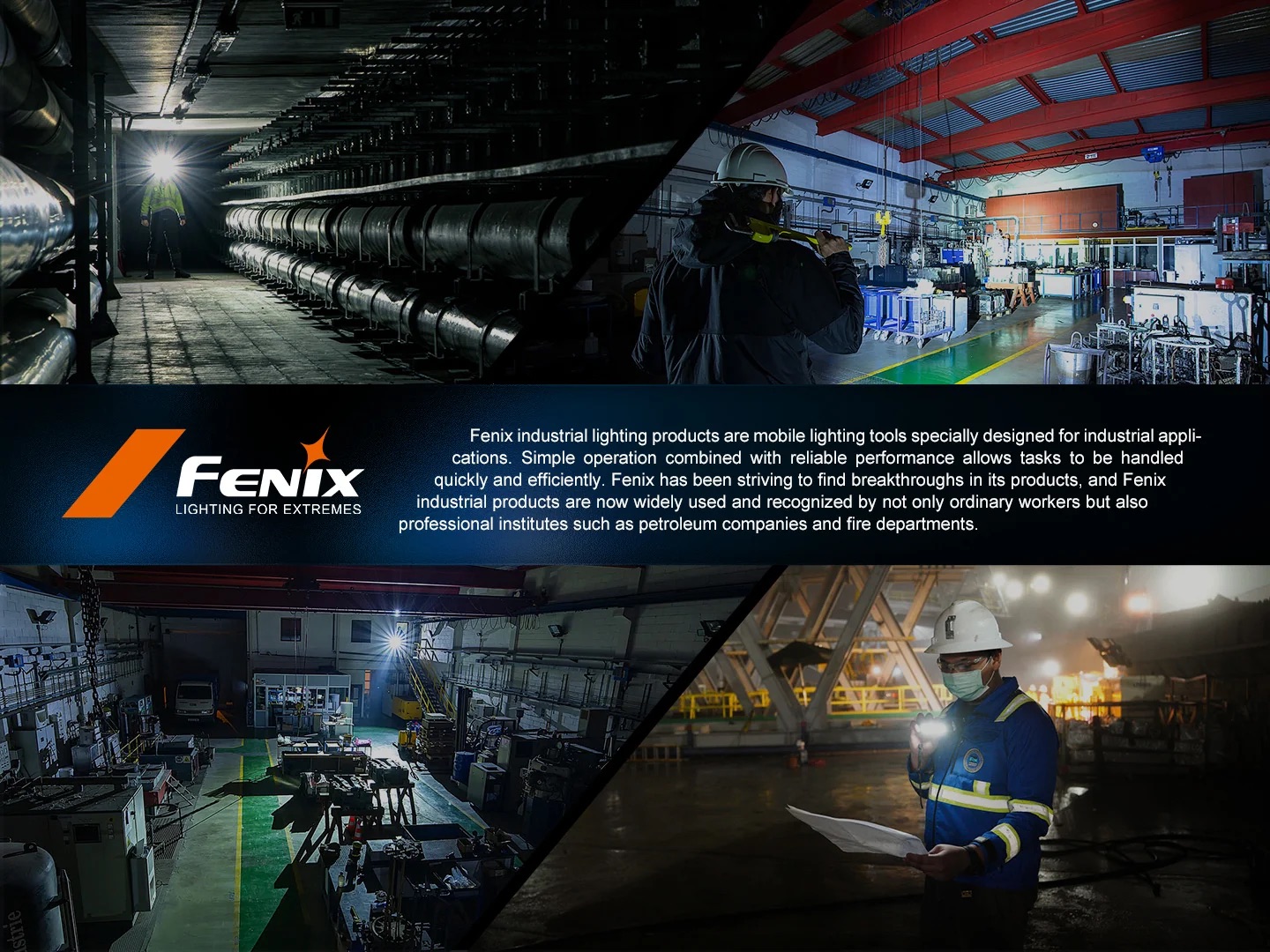 Banner showcasing industrial scenes (pipes, factory floors, workers) with a central Fenix logo and descriptive text panel about lighting products.