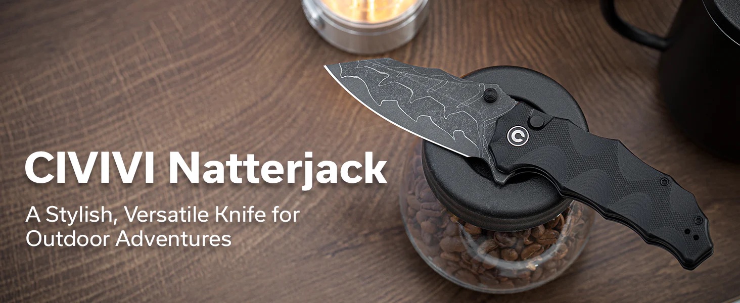 CIVIVI Natterjack folding knife displayed on a wooden table beside a grinder, with the tagline 'A Stylish, Versatile Knife for Outdoor Adventures.'