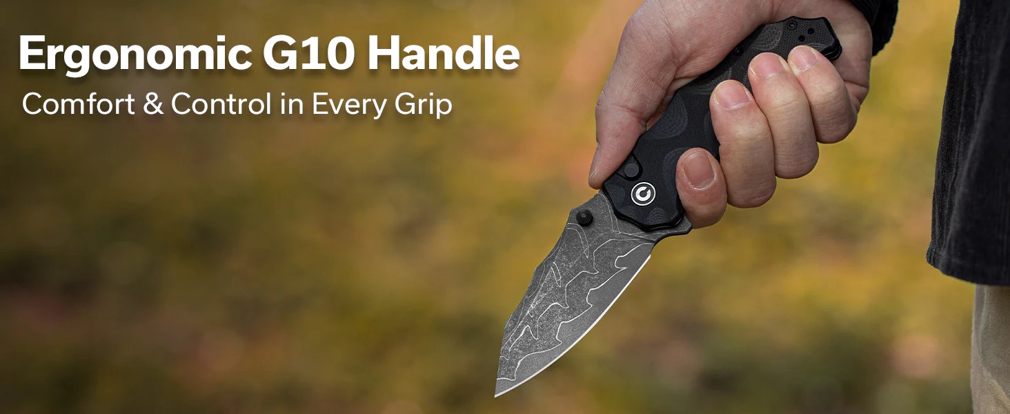 Close-up of a hand gripping a folding knife with an ergonomic G10 handle; overlay reads 'Ergonomic G10 Handle—Comfort & Control in Every Grip'.