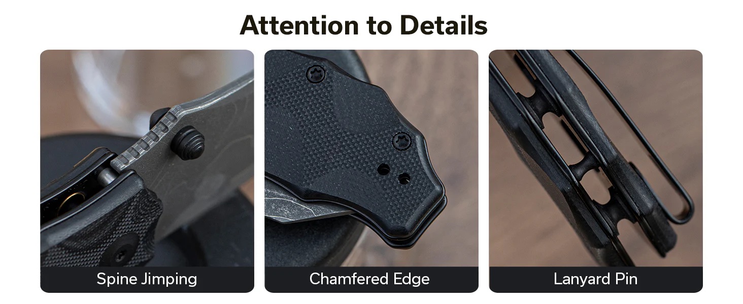 Three close-up views highlight knife details: spine jumping, chamfered edge, and lanyard pin clinically arranged left to right.