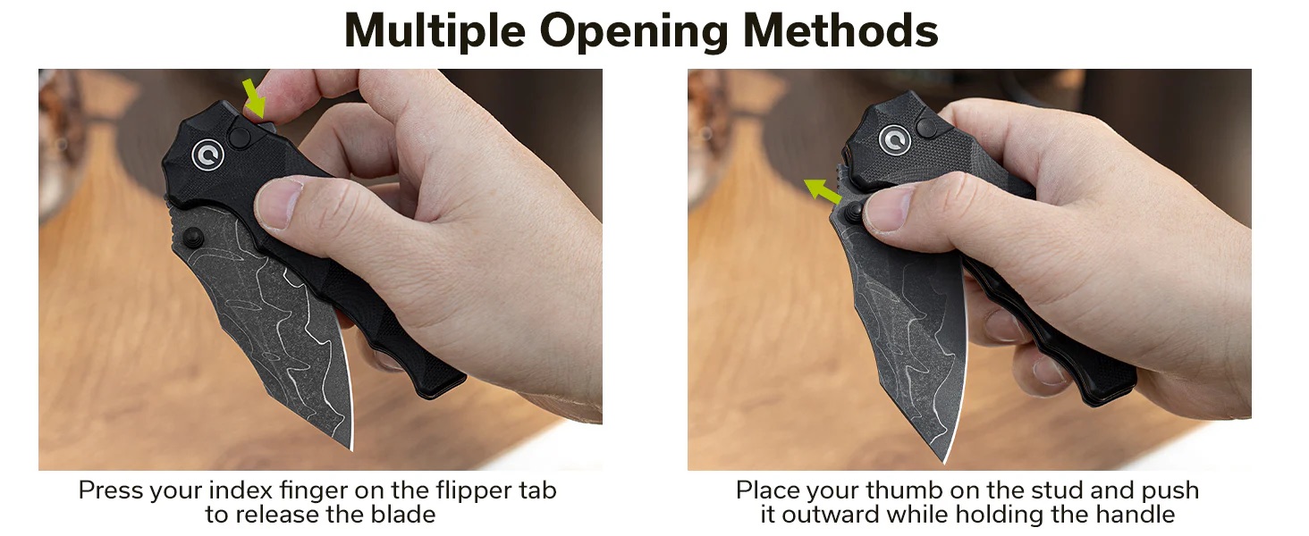 Two-step knife opening demo: left panel shows pressing the flipper tab to release the blade; right panel shows pushing the blade outward with the thumb on the stud.