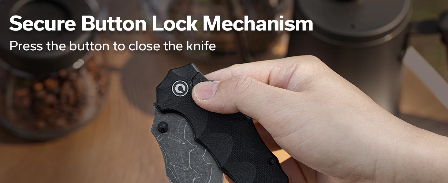 Hand holding a folding knife, pressing the secure button to lock/close it (Secure Button Lock Mechanism) while the on-image text explains the action, in a kitchen setting