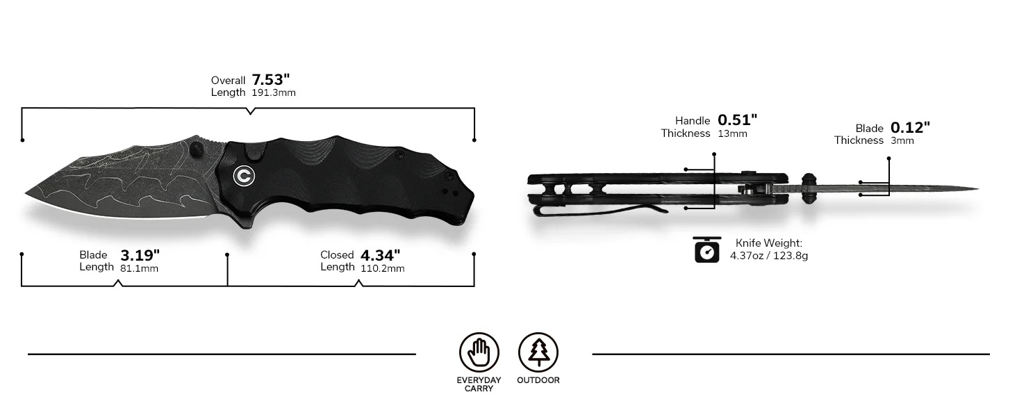 Product diagram showing a folding knife and a butterfly knife with measurements: overall length 7.53 inches, blade 3.19 inches, closed 4.34 inches.