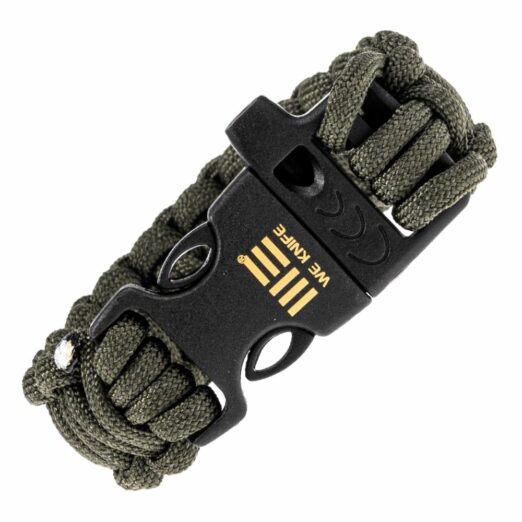 Olive green paracord survival bracelet with black plastic buckle and metal ring details.