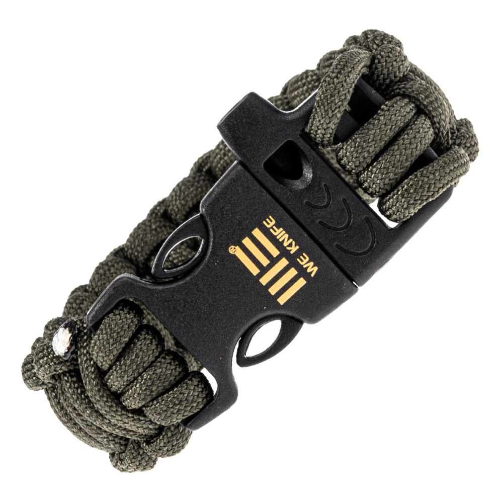 Olive green paracord survival bracelet with black plastic buckle and metal ring details.