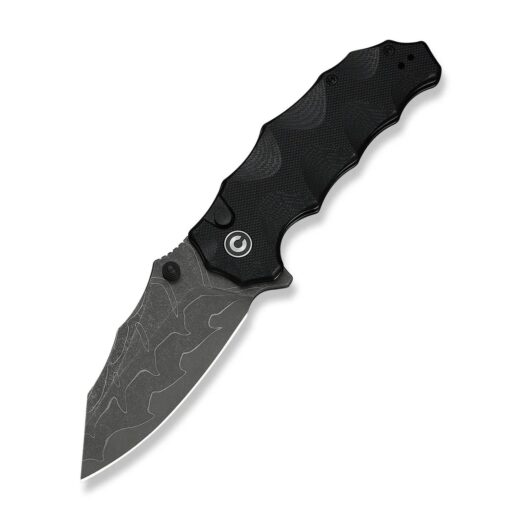 Black textured folding knife with a gray, camo-pattern blade and a circular logo on the handle